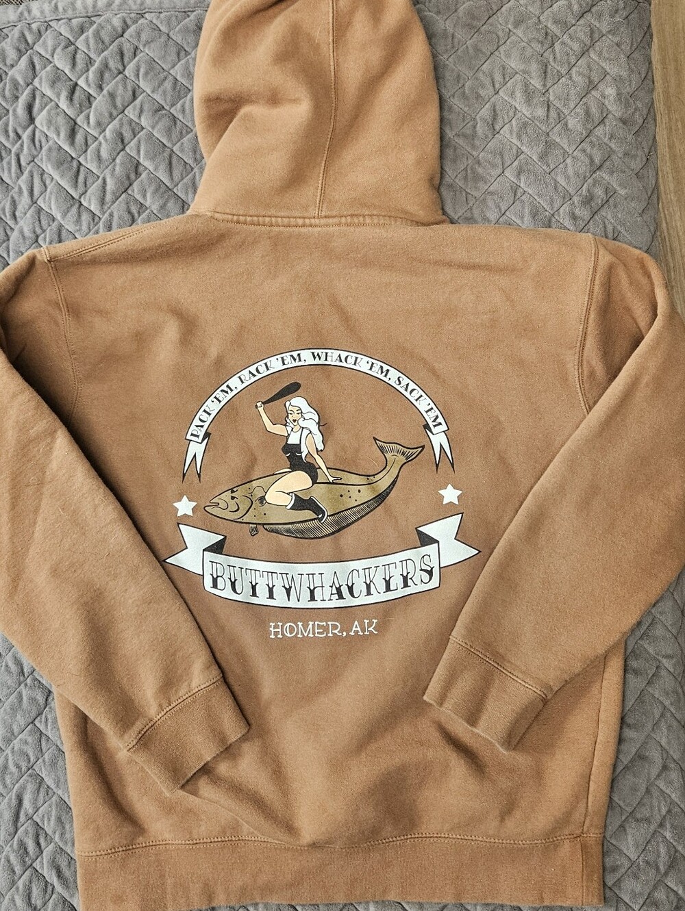 Buttwhackers Homer, AK Graphic Hoodie in Tan